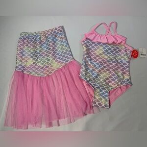 Girls Mermaid Swim Set One Piece Swimsuit Tulle Cover Up Skirt UPF 50 4T NWT